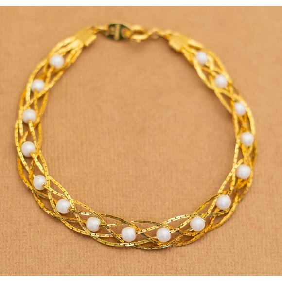 Vintage Gold Tone Roots Faux Pearls Bracelet 7 1/2 inch by Avon - Y15 - Picture 2 of 3